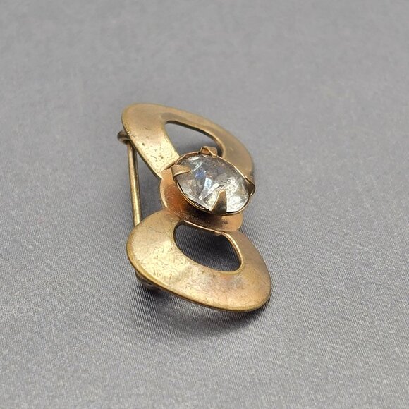 VTG Art Deco Bow Brooch 1" Gold Tone Clear Prong Set Rhinestone Center - Picture 2 of 7